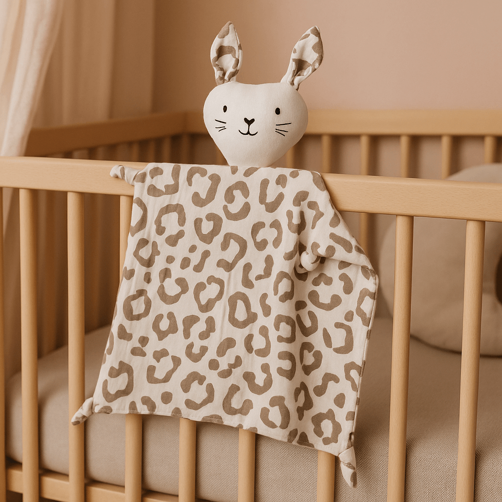 doudou bebe en forme de lapin sur un lit de bébé
