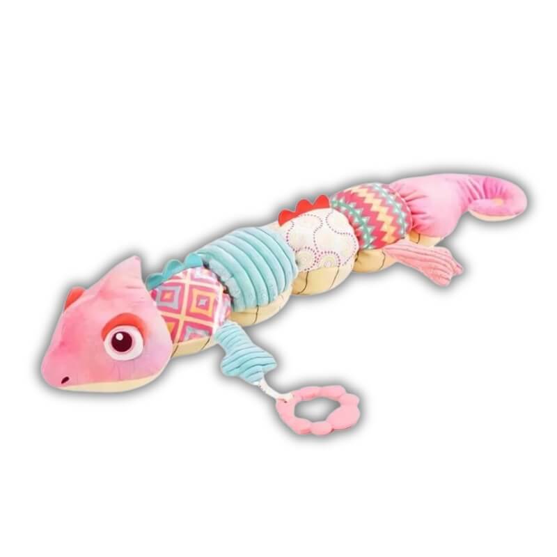 doudou bébé multi sensoriel caméléon rose