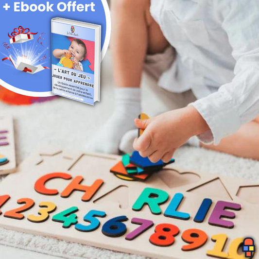 Puzzle en bois personnalisé avec prénom pour bébé. Puzzle d'encastrement avec lettres, formes et couleurs, idéal comme cadeau d'apprentissage.